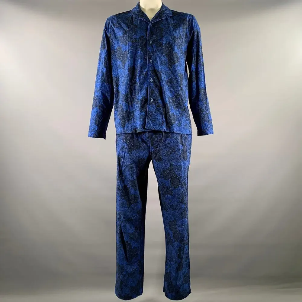 ROBERT GRAHAM Size XL Blue Black Floral Cotton Camp Pajama Set